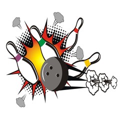  Pop art bowling strike label. Vector illustration