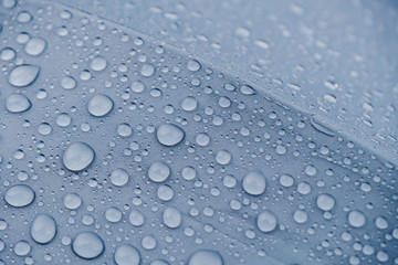 Water Drops Texture Background. Closeup Raindrop on Umbrella. Rainy Day Protection. Macro Shot