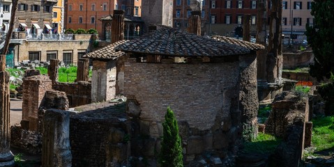 Ancient ruins of buildings on Largo di Torre Argentina - a square in Rome, Italy, with four Roman Republican temples and the remains of Pompey's Theatre.
