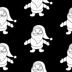 Cute cartoon christmas background with hand drawn santa. Sweet vector black and white christmas background. Seamless monochrome doodle christmas background for textile, wallpapers, wrapping and cards.