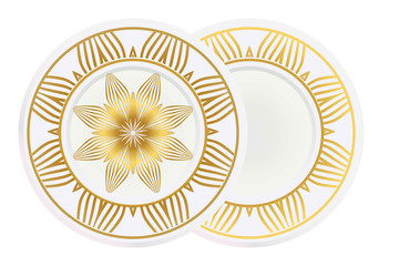 Matching decorative plates for interior design. Empty dish, porcelain plate mock up design. Vector illustration