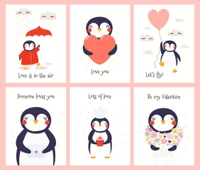 Foto op Plexiglas Set hand getrokken Valentijnsdag kaarten met leuke grappige pinguïns, harten, paraplu, ballon, liefdesbrief, cupcake, bloemen, tekst. Vector illustratie. Scandinavische stijl plat ontwerp. Concept kinderprint © Maria Skrigan