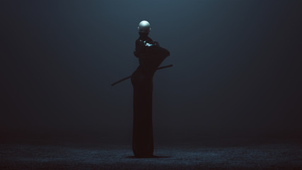 Black Futuristic Abstract Demon Assassin Wrapped an Cloaked with a Face Mask and 2 Swords 3d illustration 3d render 