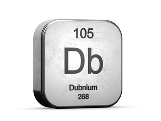 Dubnium element 105 from the periodic table series. Metallic icon set 3D rendered on white background