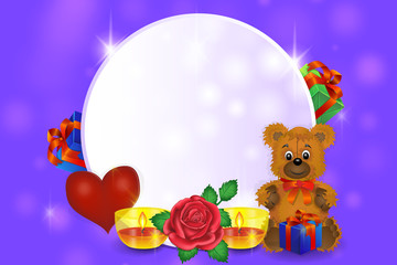Obraz na płótnie Canvas Valentines day greeting card round banner, bear candle, rose, gifts