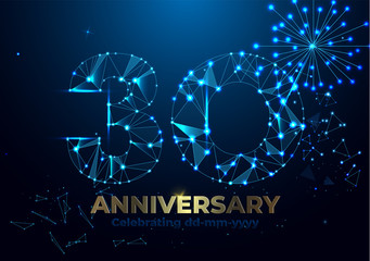 Anniversary 30. Geometric polygonal Anniversary greeting banner. gold 3d numbers. Poster template for Celebrating 30th anniversary event party. Vector fireworks background. Low polygon