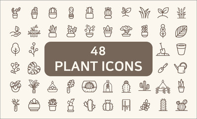 Set of 48 plant and cactus Related Vector Icons.  Contains such Icons as succulent, blooming plant, monstera, leaf, foliage, bough, tree, houseplant, terracotta pot And Other Elements.