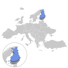 Vector illustration of Finland in blue on the grey model of Europe map with zooming replica of country.