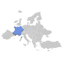 Vector illustration of France in blue on the grey model of Europe map.