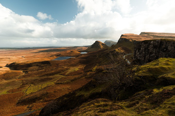 Hike towards the famous dead tree at Quiraing on a sunny autumn day with cloudy blue sky and panorama view of Skye (Isle of Skye, Scotland, Europe)