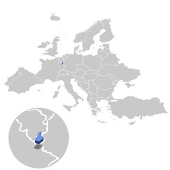 Vector illustration of Liechtenstein in blue on the grey model of Europe map with zooming replica of country.