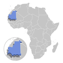 Vector illustration of Mauritania in blue on the grey model of Africa map with zooming replica of country