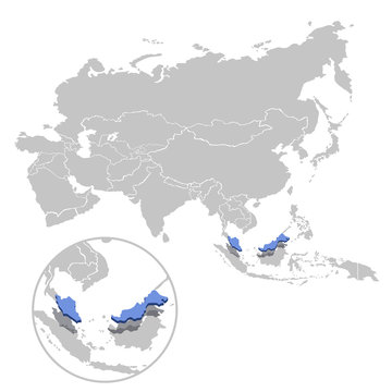 Vector illustration of Malaysia in blue on the grey model of Asia map with zooming replica of country.