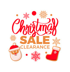 Christmas sale clearance Santa Claus head and stockings in frame of snowflakes. Winter holidays greeting card with gingerbread vector isolated banner