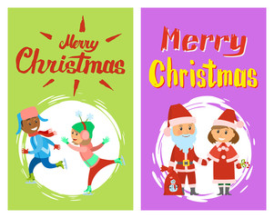 Merry Christmas, Xmas winter holidays characters, Snow Maiden and Santa Claus. Children Skating on ice-rink, parents dressed as cartoon heroes in round brush frame