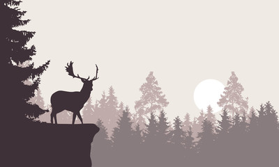 Realistic illustration of a mountain landscape with a forest with deer standing on a rock. Retro sky with rising sun or moon, vector