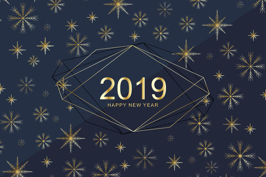 Merry Christmas and Happy New Year 2019 greeting card with golden snowflakes. Happy new year 2019. Holiday greeting card vector template for posters, placards, banners and flyers. Vector illustration.