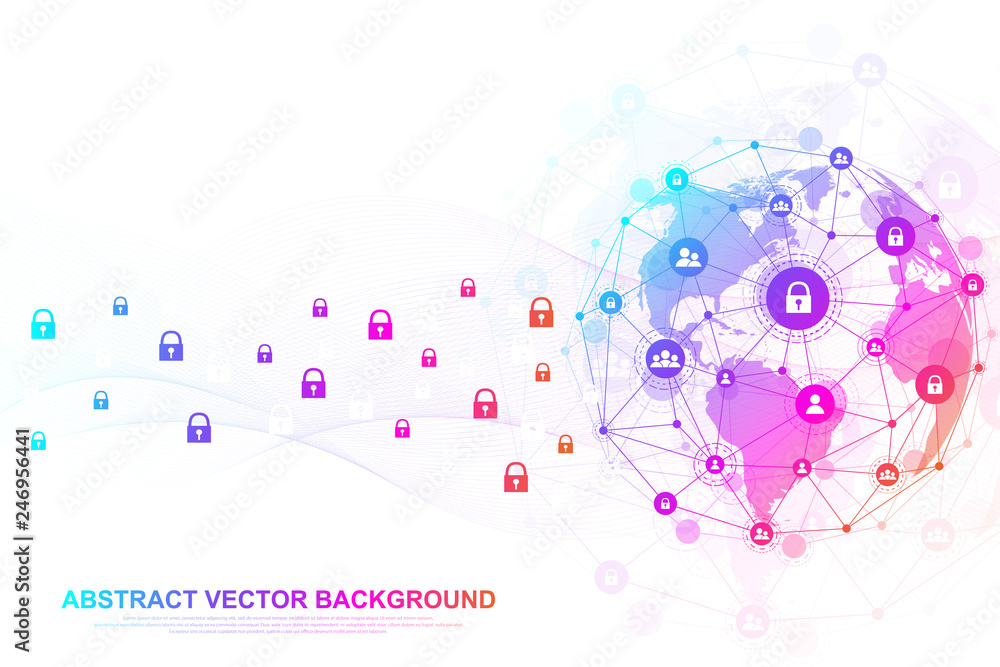 Poster Futuristic abstract background blockchain technology. Global internet network connection. Peer to peer network business concept. Global cryptocurrency blockchain vector banner. Wave flow