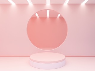 Minimal scene with cylinder podium. Abstract geometric background.   Empty room to show a product, modern minimalistic mock up, empty showcase. Pink background. False ceiling illuminated. 3d render.
