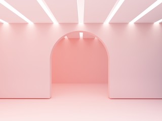 Arch in a wall and iluminated ceiling  of slats.  Empty room to show  a product. 3d Scene with geometrical forms. Minimalistic empty showcase, shop display, pastel colors. 