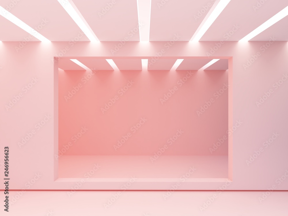 Poster 3d rendering of pink gallery with empty modern showcase. illuminated ceiling. empty room. mock up fo