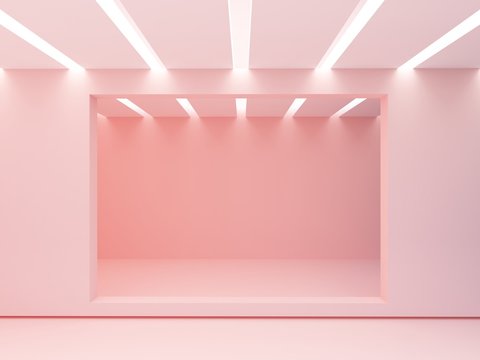 3d rendering of pink gallery with empty modern showcase.  Illuminated ceiling. Empty room. Mock up for advertisement.  Hole in wall. Pink pastel colors.