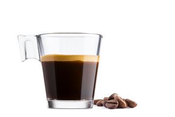 Black coffee in glass cup with coffee beans on white background