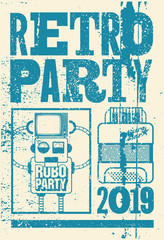 Naklejka premium Retro Party typographic grunge poster design with old television screen, accordion and robot. Vector illustration.