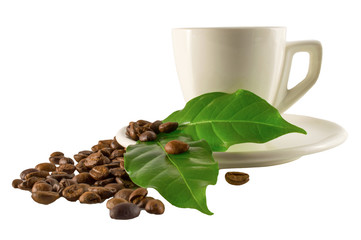 Cup of coffee on a white background with green leaves and coffee beans. White cup.