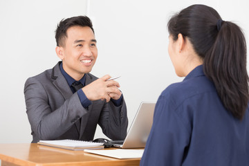 Job interview, Asian businessman listen to candidate answers during recruiting personnel to work...