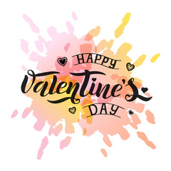 Vector illustration by Valentine s day text for greeting card, template banner.Hand drawn black vector lettering on pink background watercolor splashes.Happy Valentines Day poster.