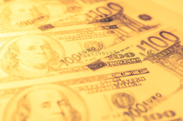 Close-up view of cash money euro and dollars bills background. Finance and business concept.