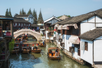 Fototapeta na wymiar Old touristic boats in Shanghai Zhujiajiao Ancient water Town. China