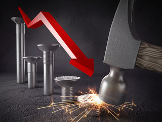 Hammer drive in nails. Decline schedule and chart. Concept of external power. Market fall, losses...
