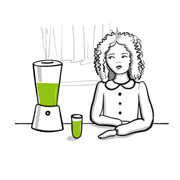 Unhappy girl is looking at the blender with a green smoothie. Vector