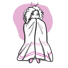 Frozen curvy girl wrapped in blanket on pink background. Vector