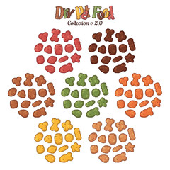 Group of vector colorful illustrations on the nutrition theme; set of dry food for cats and dogs. Realistic isolated objects for your design. 