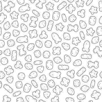 Pattern of vector illustrations on the nutrition theme; set of dry food for cats and dogs. Realistic isolated objects for your design. 