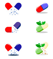Set pills icon. Nutraceuticals logo design. Phytopreparations vector design.Pills capsules icon-medical illustration-pills isolated-pharmacy. Vector