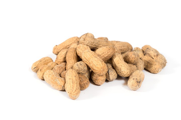 Raw tasty peanuts on white background