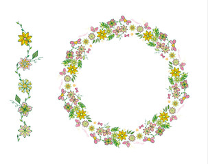 Perfect endless horizontal border and flower garland, circle, doodle. Lots of symbols, objects and elements. Easy to use, all items are separated. Vector illustration of green, yellow, pink