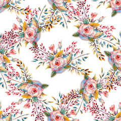 Fototapeta premium Seamless pattern. Set of flower branches. Pink rose flower, green leaves, red . Wedding concept with flowers. Floral poster, invitation. Watercolor arrangements for greeting card or invitation design.