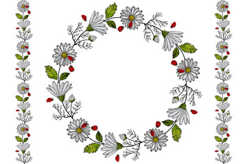 Summer with daisies and ladybug endless horizontal brush. Endless horizontal border and flower garland, circle. Good fit for your design, easy to use. Vector illustration. EPS 10.