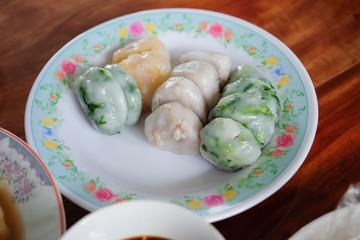 steamed chives dumplings or Kanom Kuicheai on a plate for Chinese new year, Chinese Ghost Festival.