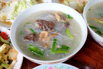 Clear Soup with vegetable and cellophane noodle or glass noodles soup for Chinese new year, Chinese Ghost Festival.