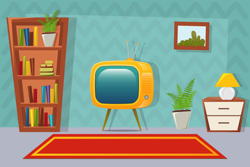 Living room interior . Living room in cartoon style with furniture - bookcase, cupboard, plants, TV