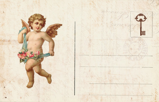 Vintage Valentine Day Card with cherubs and heart