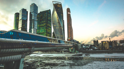 Moscow city skyscraper, Moscow International Business Centre at twilight time with Moscow river, Aerial view, Russia.