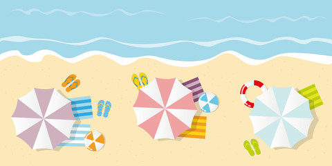 summer holiday on a tourist beach top view with parasol flip flops ball and lifebelt vector ilustration EPS10 © krissikunterbunt