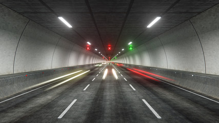 Automobile Light trails in tunnel 3D rendering